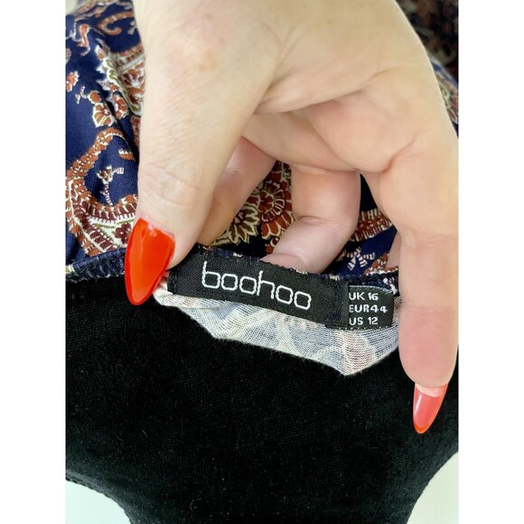 Boohoo Navy and Orange Paisley 3/4 Sleeve Mini Dress Size 12 Large - Picture 5 of 6